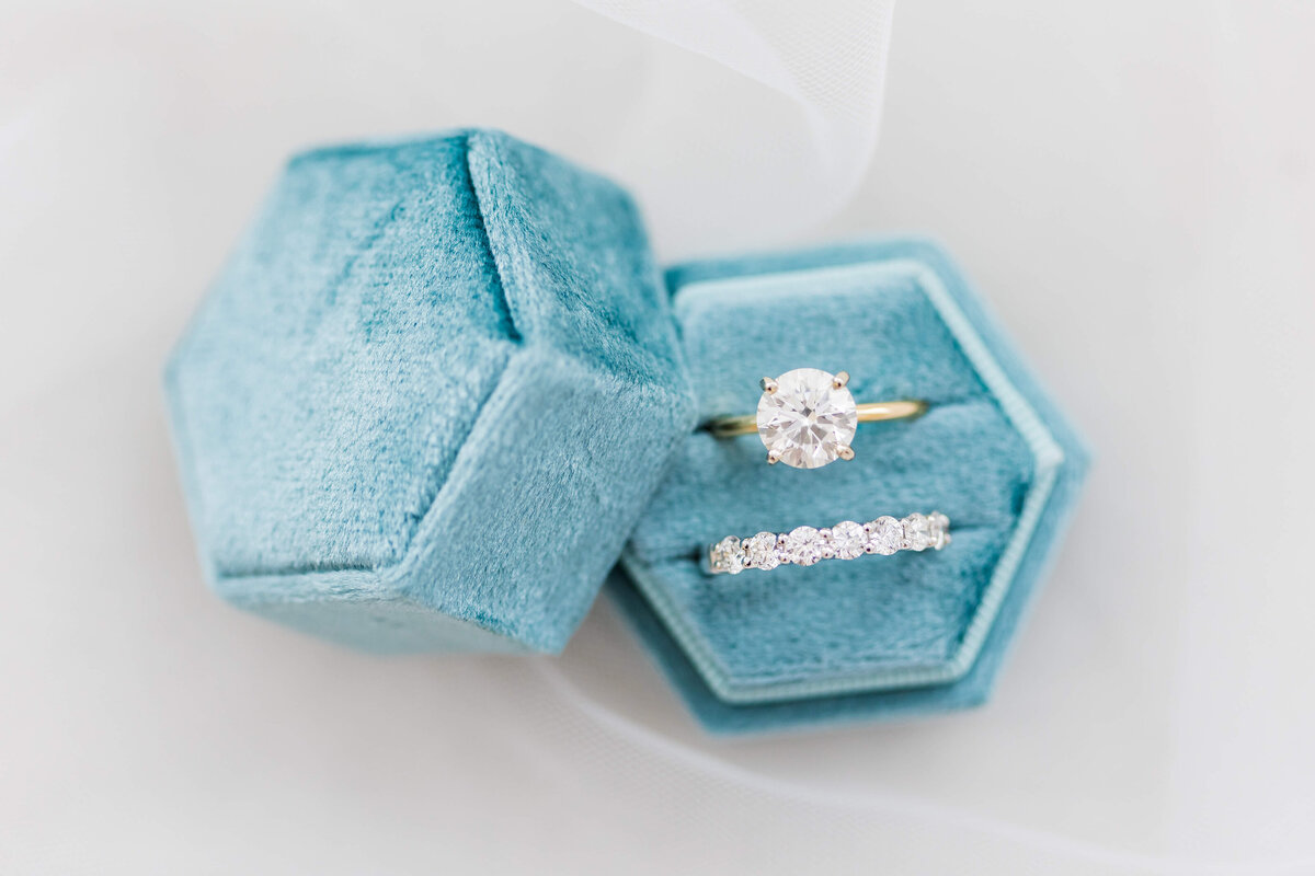 Wedding rings in a blue velvet ring box