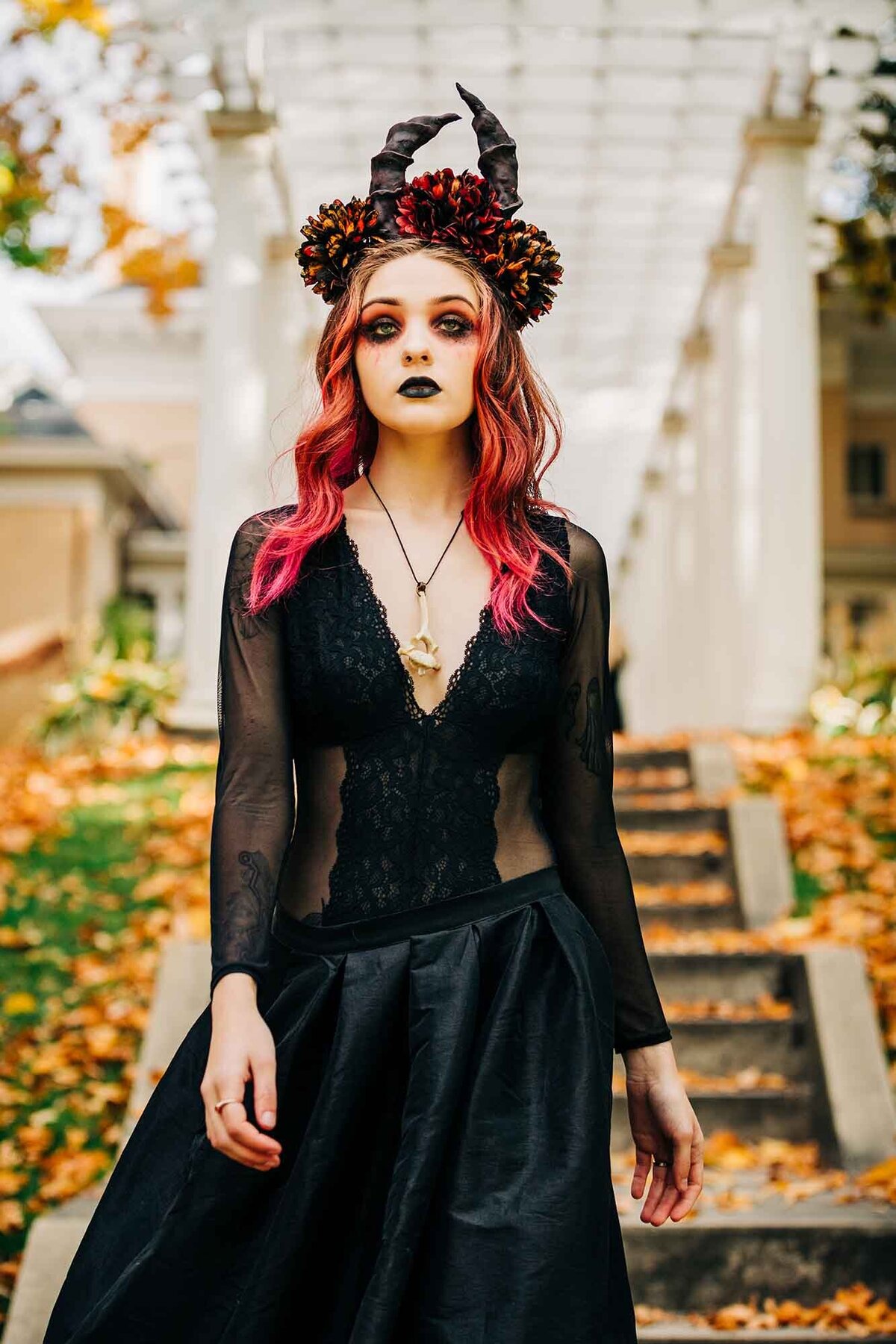 Montana model in gothic costume at Daly Mansion, Hamilton, Montana