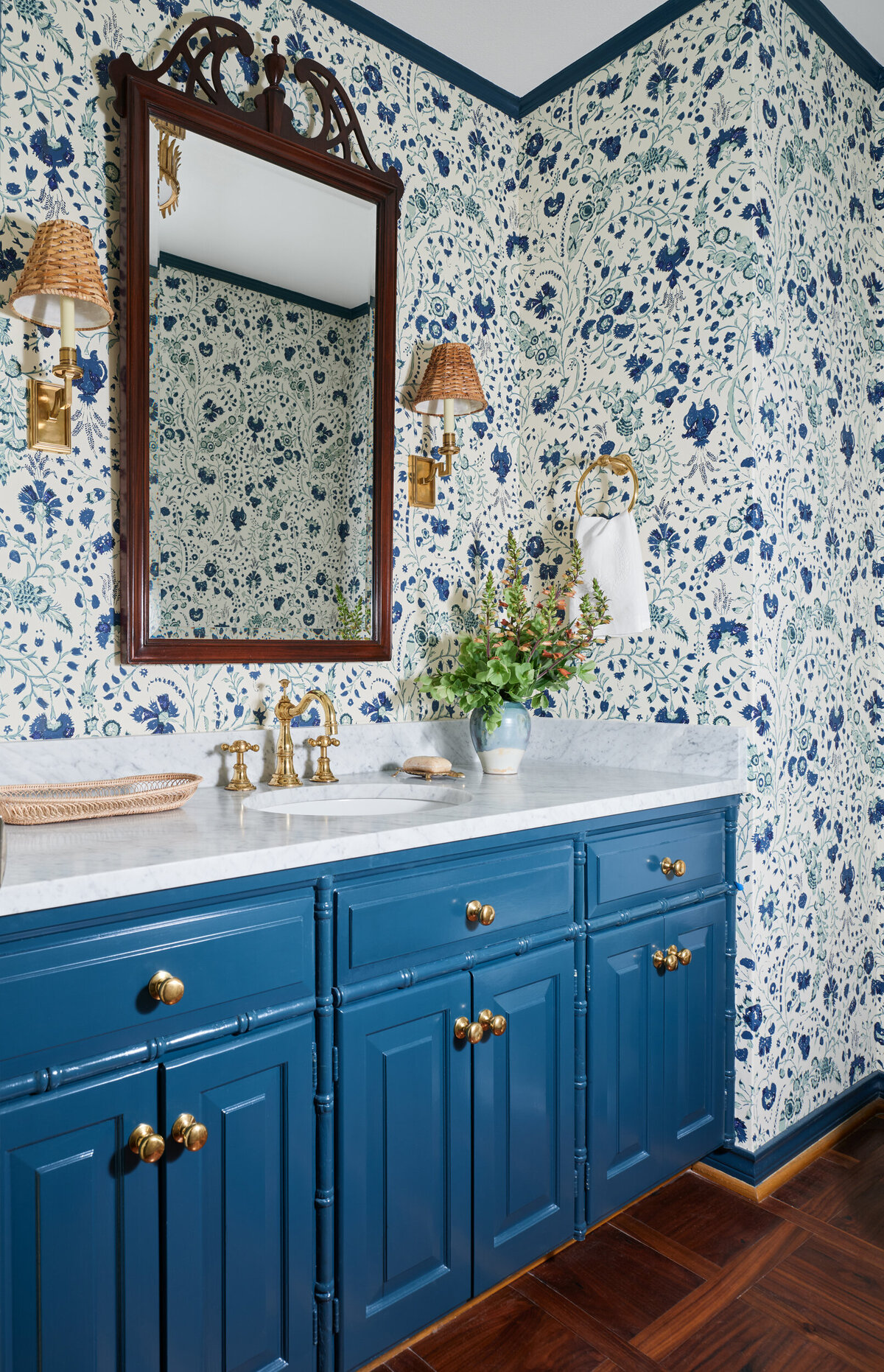 Blue Cabinets, Soane Wallpaper, Antique Wooden Mirror