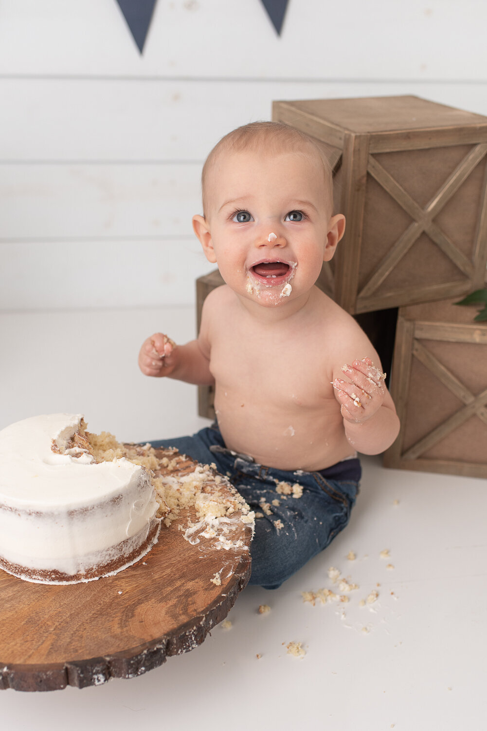 Blue, tan and white cake smash session at studio in Canton, CT |Sharon Leger Photography | Canton, CT Newborn & Family Photographer