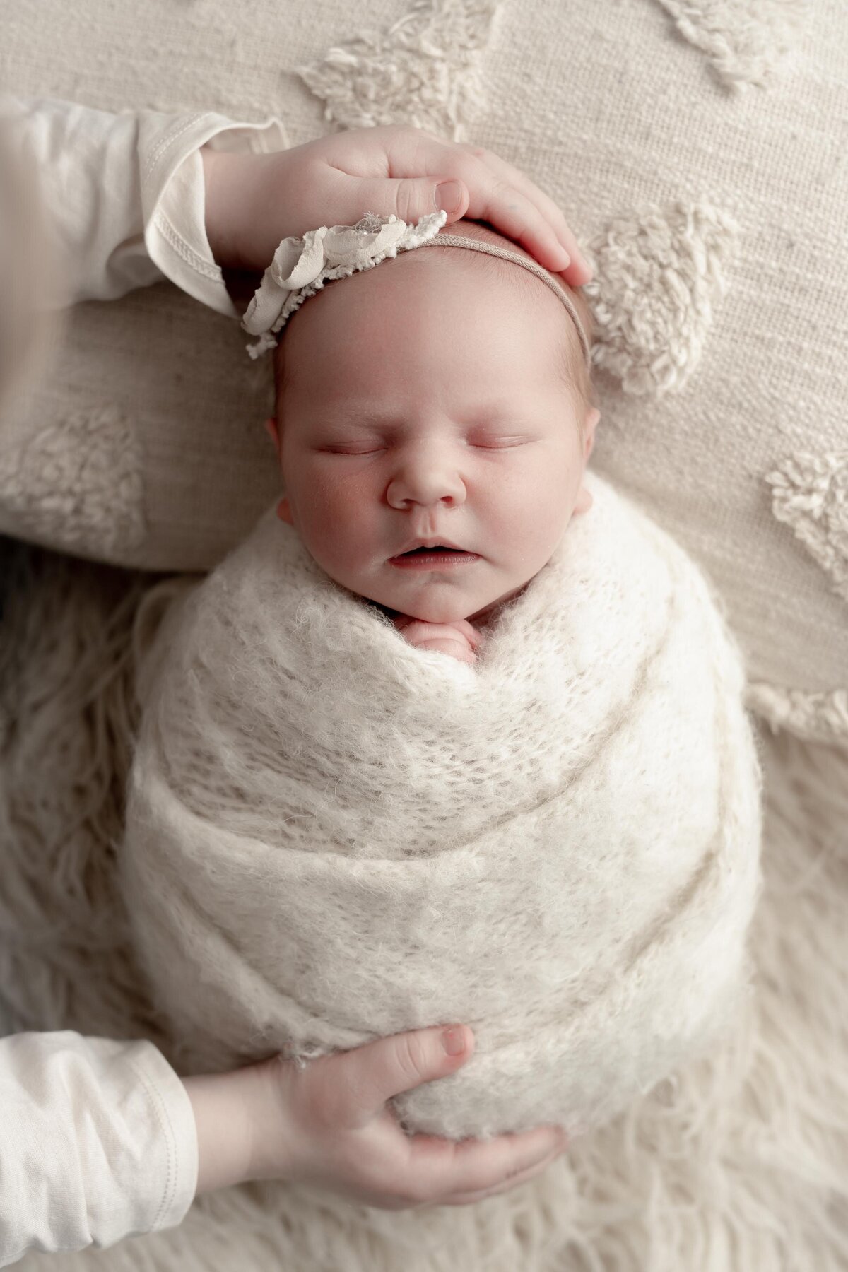 Studio newborn photography - baby in cream kit swaddle waring a  delicate headband with petite fabric flowers. Big sisters hands are resting at the bottom of the wrap and the top of their head to show the difference in scale.