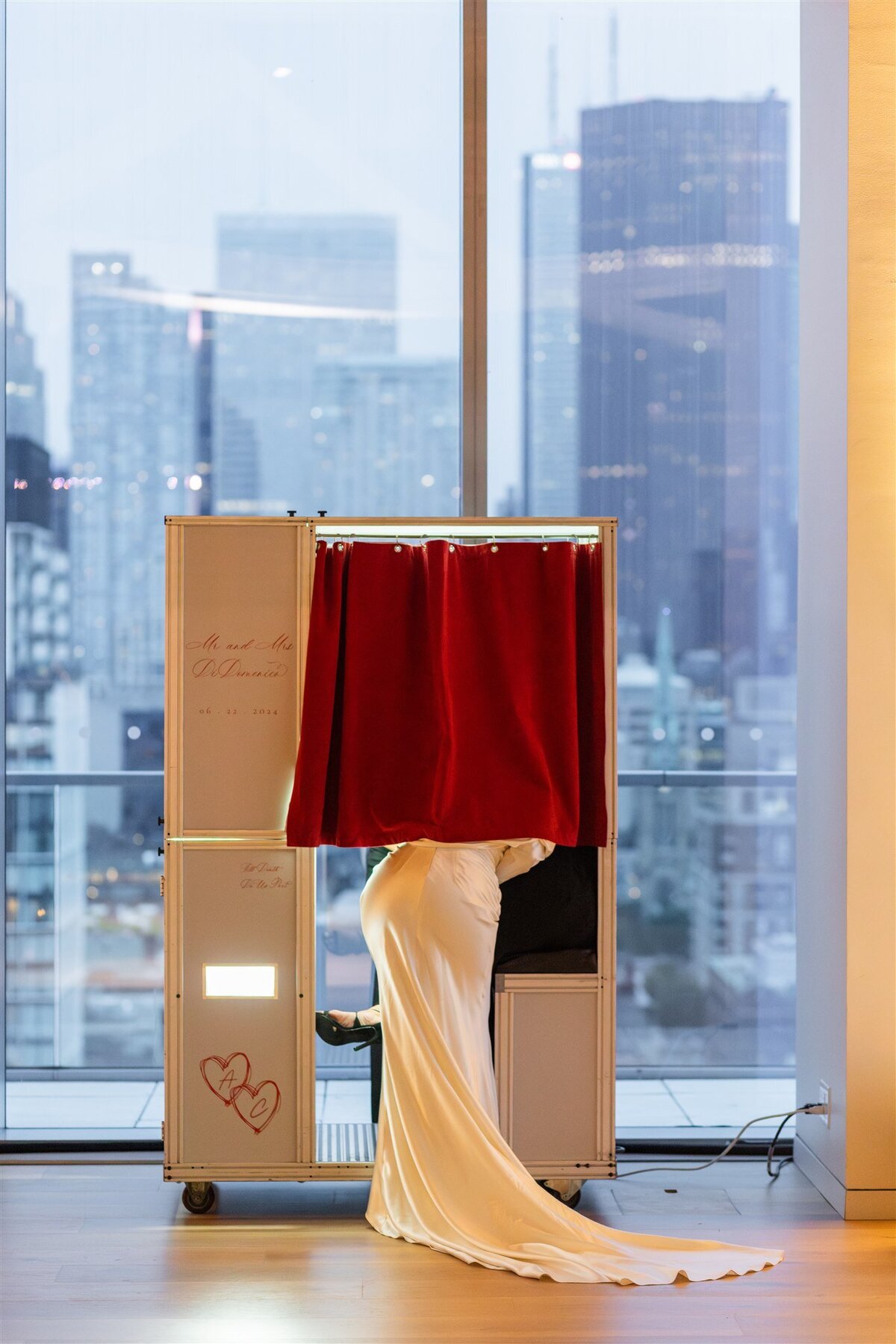 Custom photo booth vinyl wrap with couples' names and wedding date