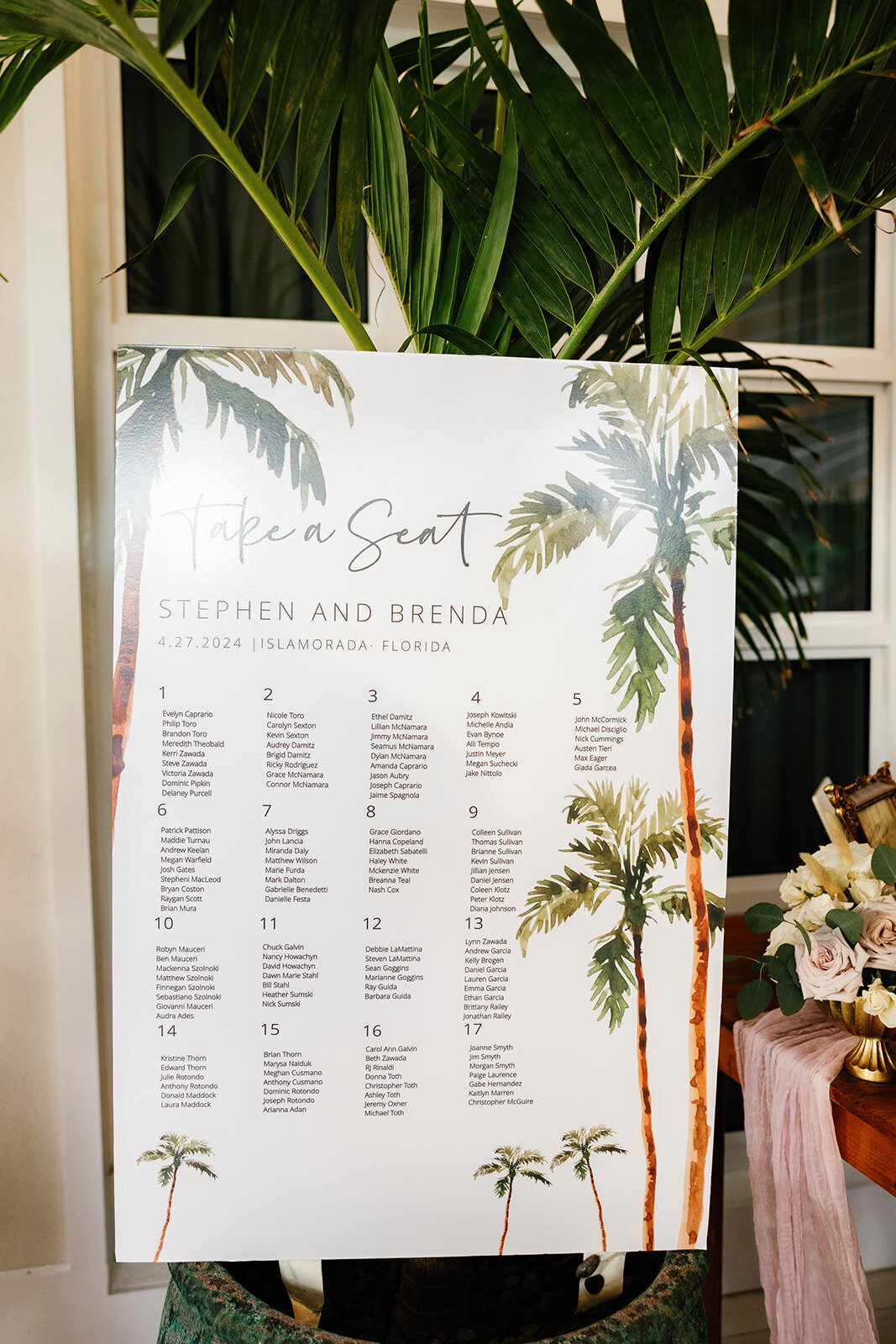  A chic seating chart welcoming guests to Brenda & Stephen’s destination wedding at Cheeca Lodge.