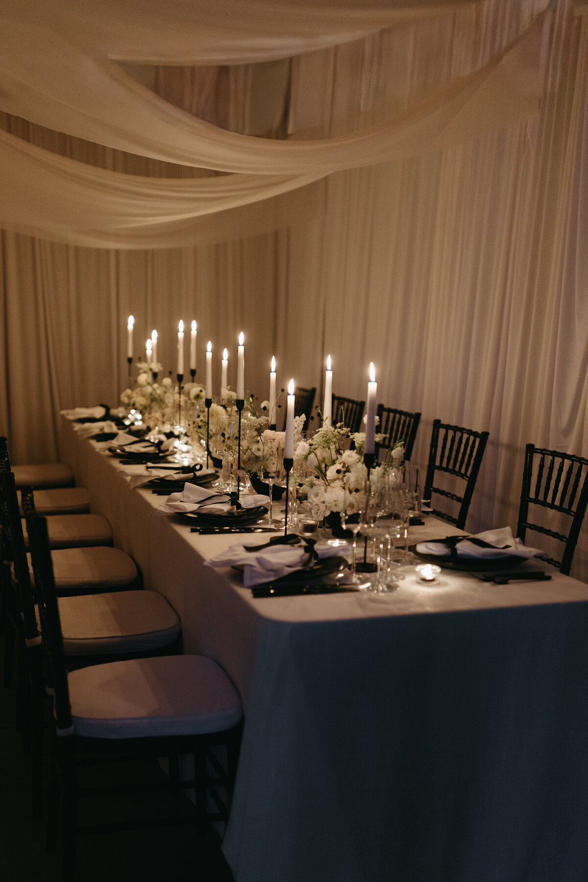 Sibley Events and Design black and white tablescape with draping