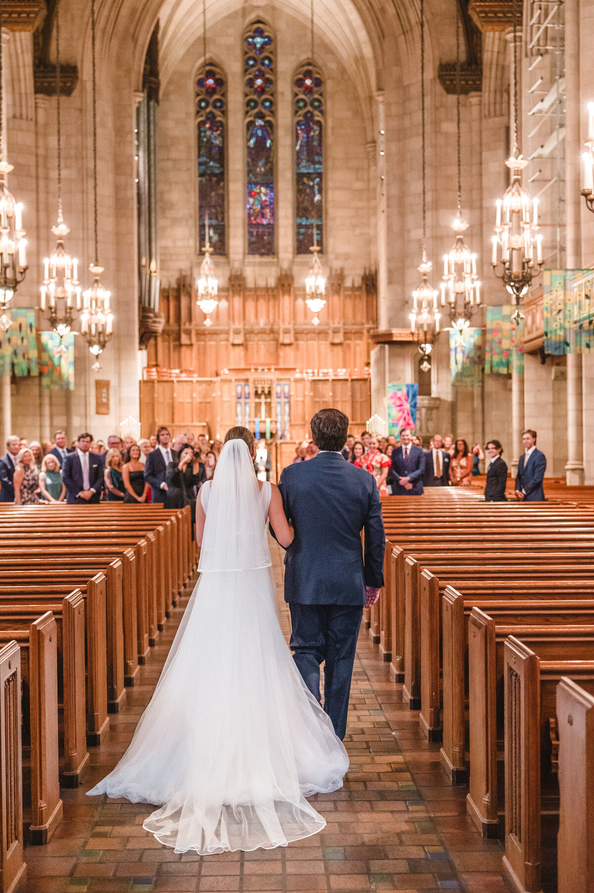 Bride and Father Walking Down Aisle Fourth Presbyterian Chruch