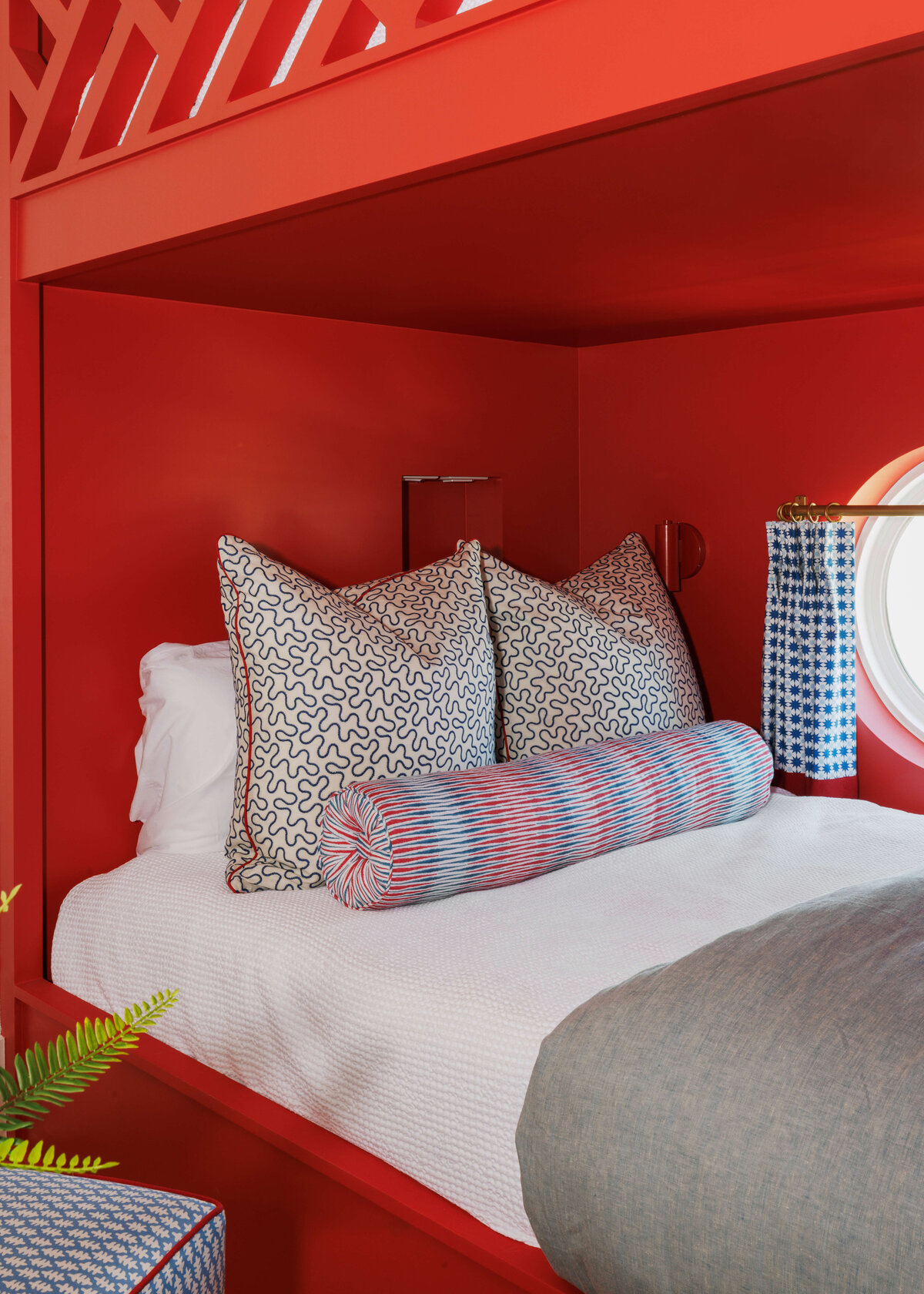 oyster creek studios lighthouse on the lake bunk bed with port windows and playful white and black pillows