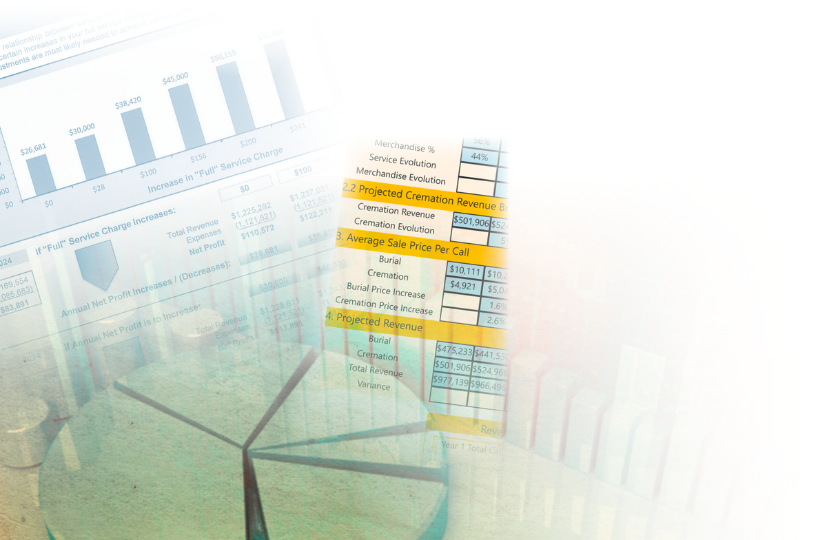 Financial charts and projected revenue reports illustrating Federated Fiducial’s consulting and management analysis services for funeral homes.