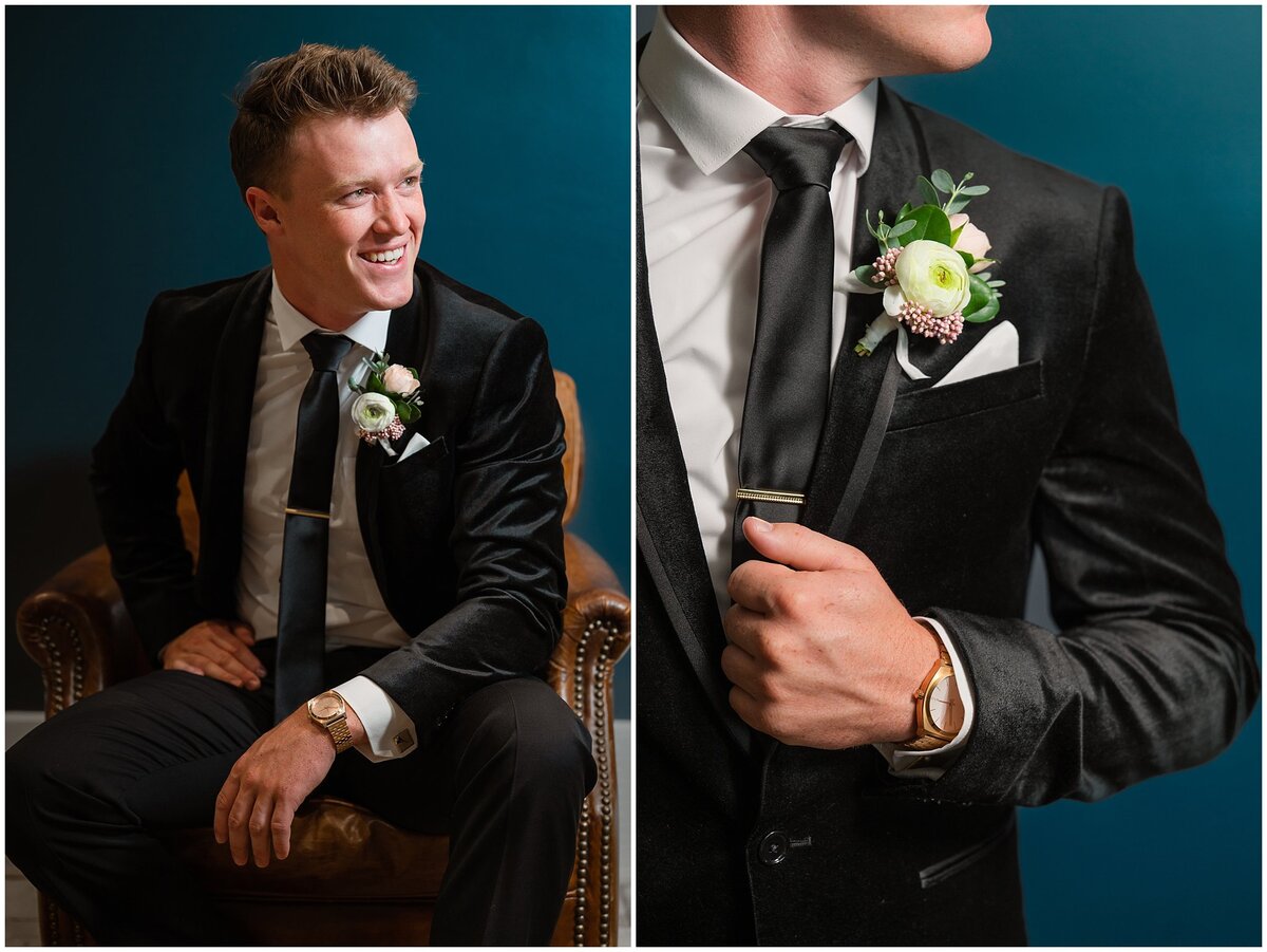 Groom's getting ready space with blue wall at Walker Farms