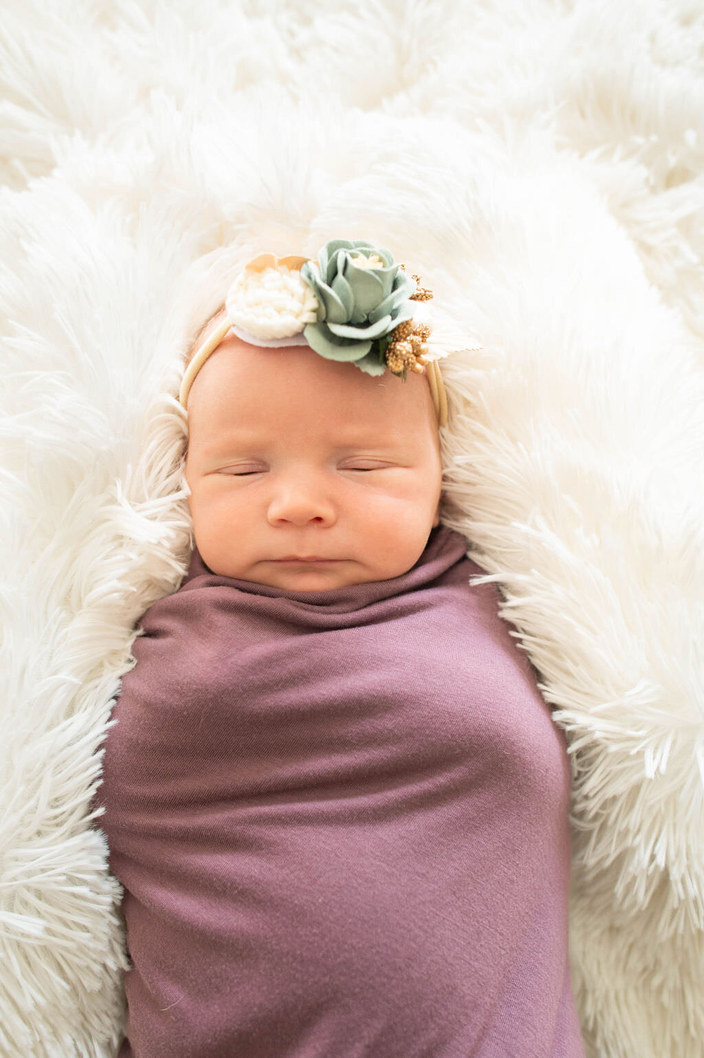 A newborn wrapped up tightly in a purple blanket.