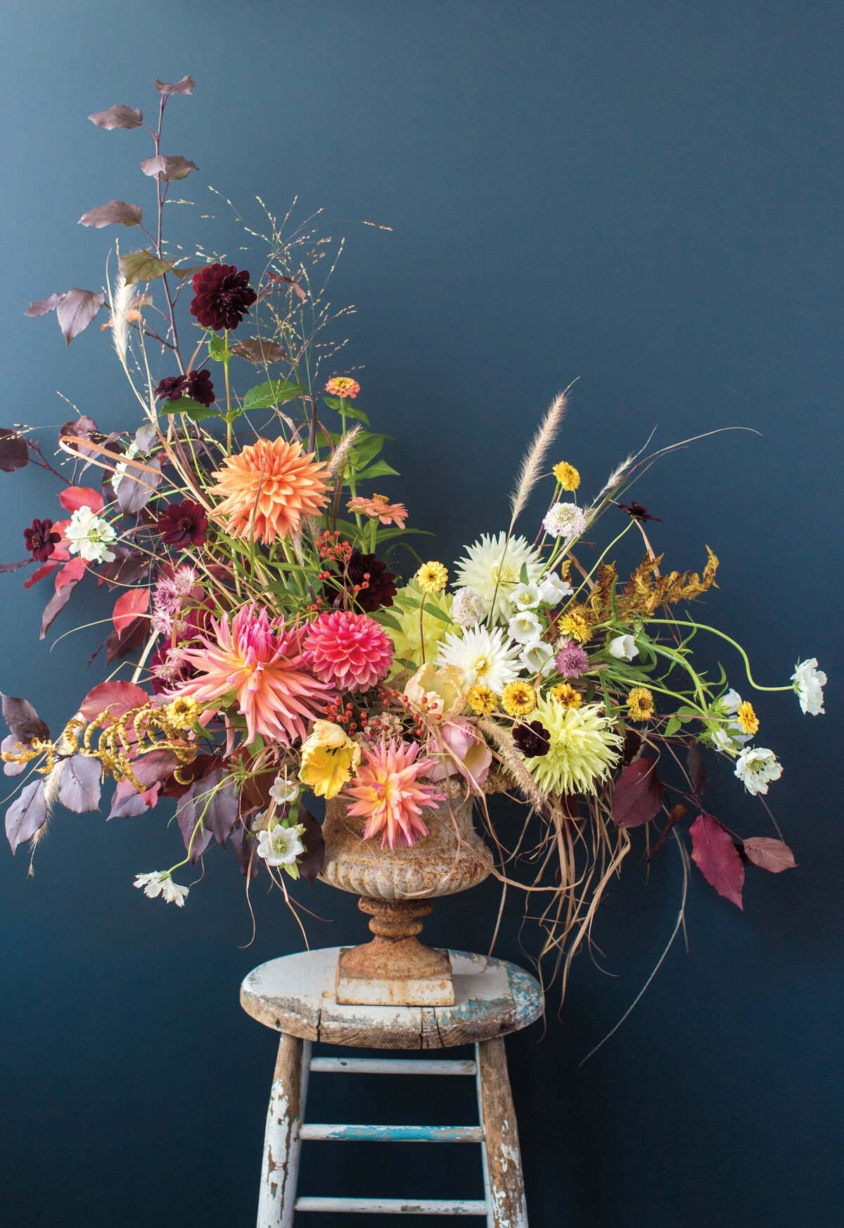 Bright organic arrangement with colourful flowers and greenery, against a blue background.