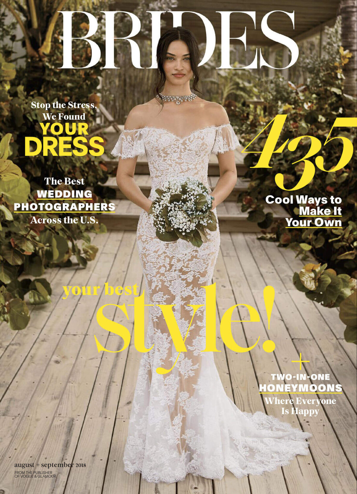 Brides magazine cover: The bride wearing her wedding gown, holding a flower bouquet with green leaves. Image by Jenny Fu Studio