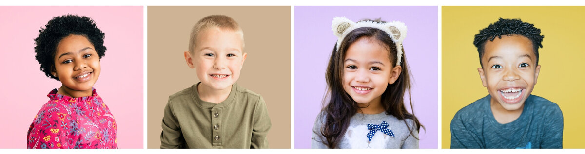 Four diverse children smiling on pink, tan, lavender, and yellow backgrounds.