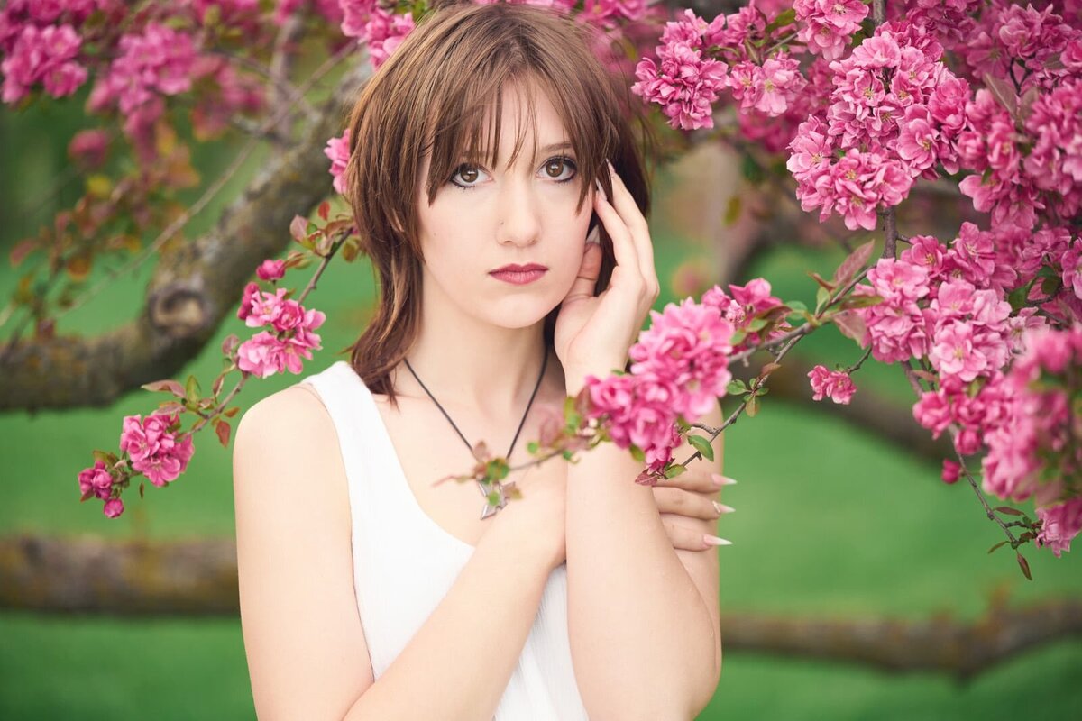 High School Senior Portrait Photographer with Blossoming Pink Flowers-33