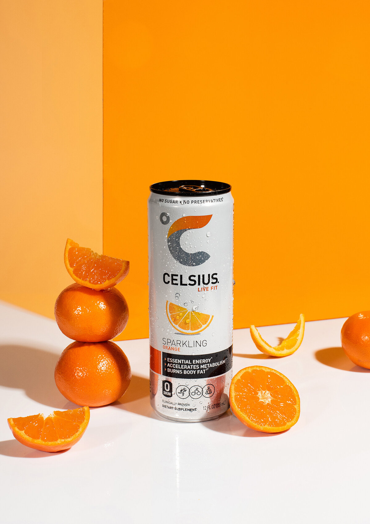 celsius sparkling orange energy drink product photography