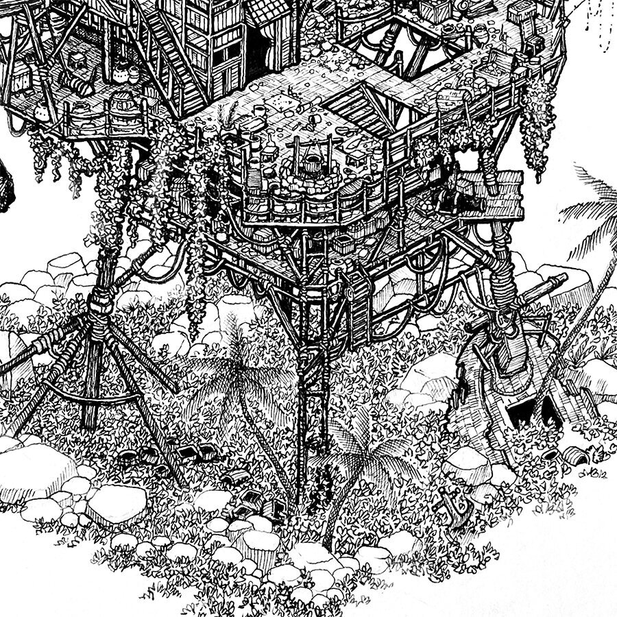 Close up of an illustration of the stilts holding up a pirate stilt house