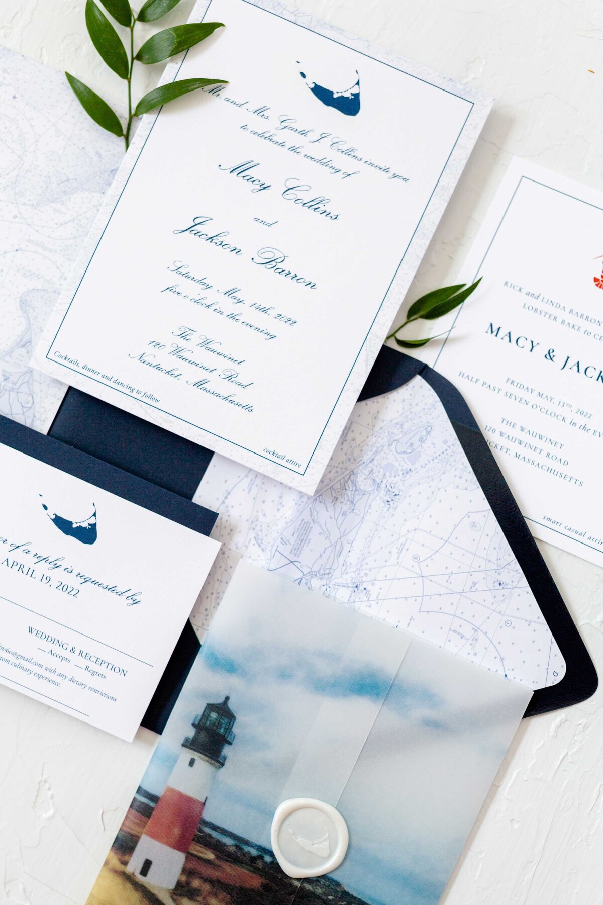 Nantucket invitation Suite featuring nautical chart of nantucket and vellum wrap of lighthouse personal to couple