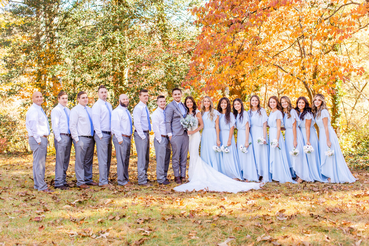 bridal party pose in fall leaves