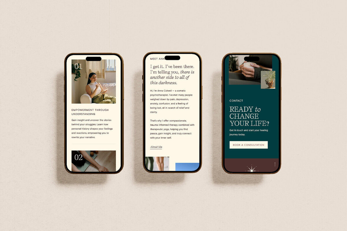 Three matching iPhones showcased, illustrating the unified design strategy for a therapist's online presence.