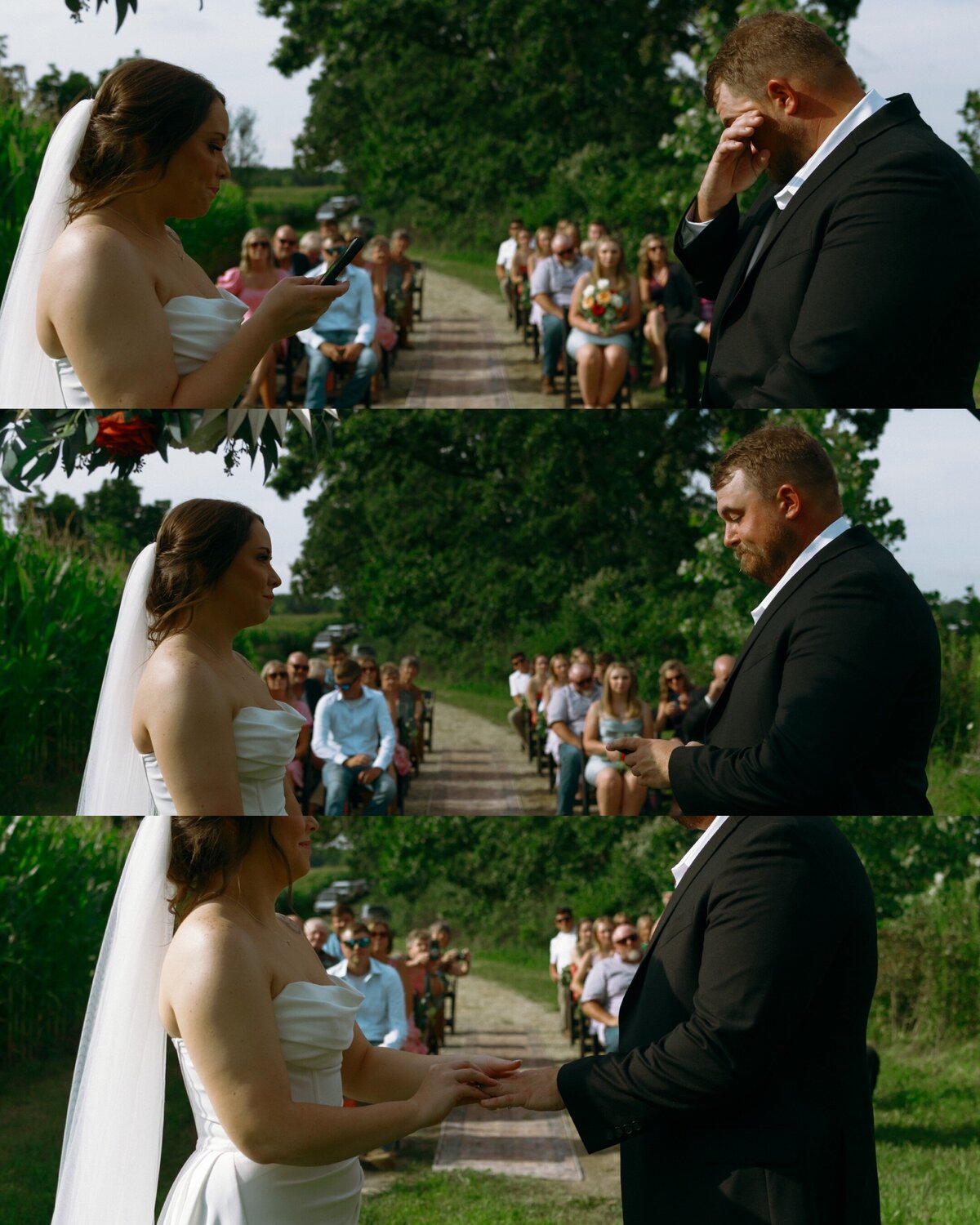 A heartfelt Kansasville, WI micro wedding ceremony where the bride reads her vows as the groom wipes away tears during their intimate outdoor elopement, surrounded by family and friends seated in the countryside, with candid, documentary-style photography capturing every emotional moment.