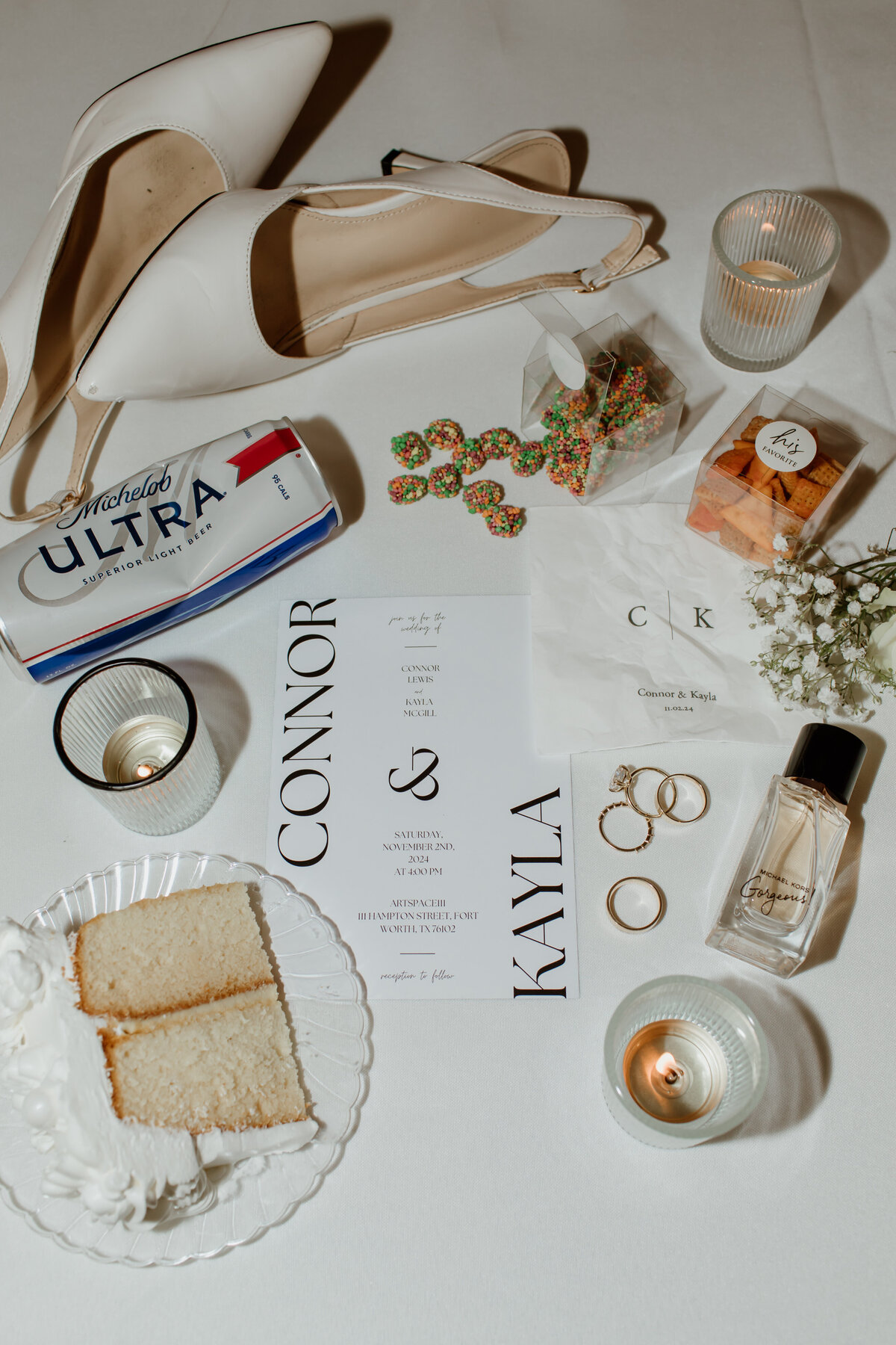Fort Worth Wedding Photographer Megan Christine Studio captures late-night lay-flat detail photos at Artspace111. 