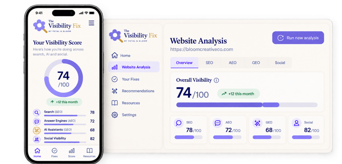The Visibility Fix app showing scores for search, answer engines, AI assistants and social