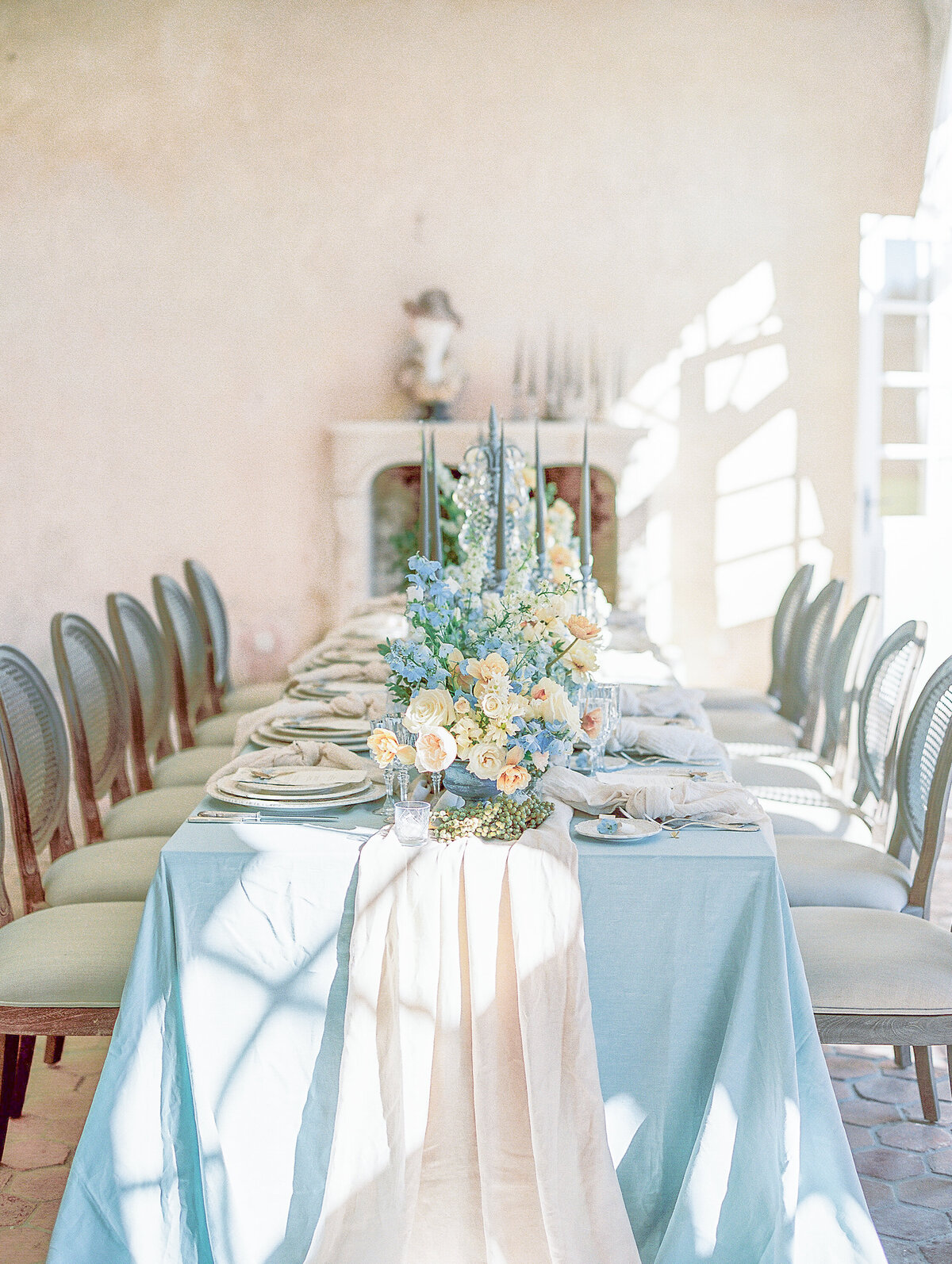 Floral Filled Reception Table at Luxury French Chateau Destination Wedding