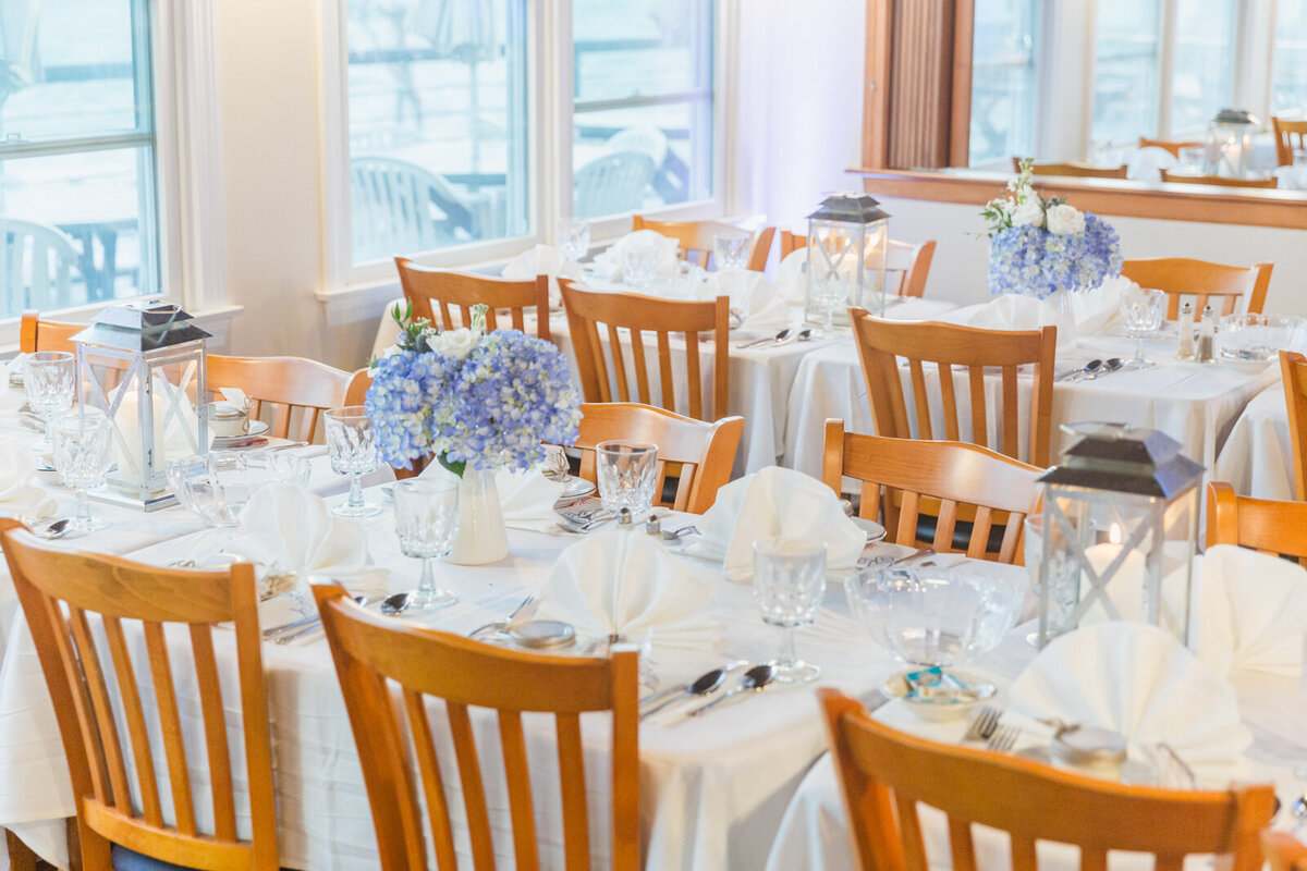 A blue and white wedding reception
