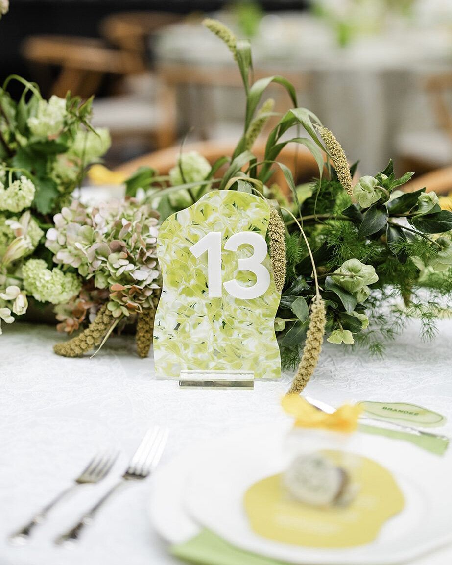 Dominique Alba Studio colorful modern custom signage coorporate Gala acrylic table numbers