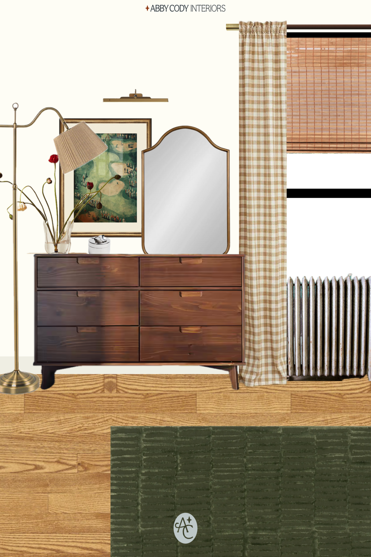 golf print, gold mirror, brass picture lamp, radiator, nyc apartment, gingham curtains, green rug, small bedroom style