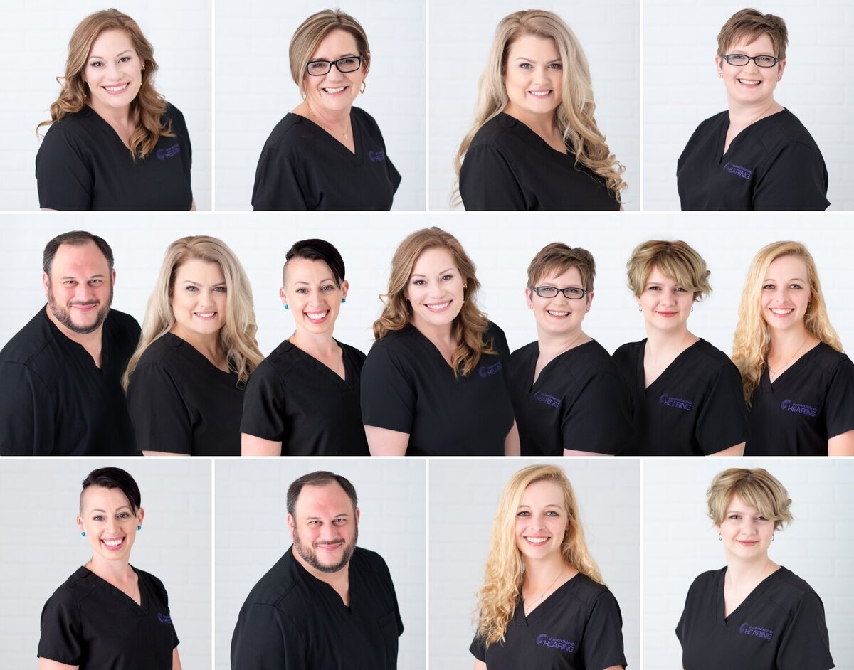 collage of hearing specialists headshots on a white background wearing black uniforms