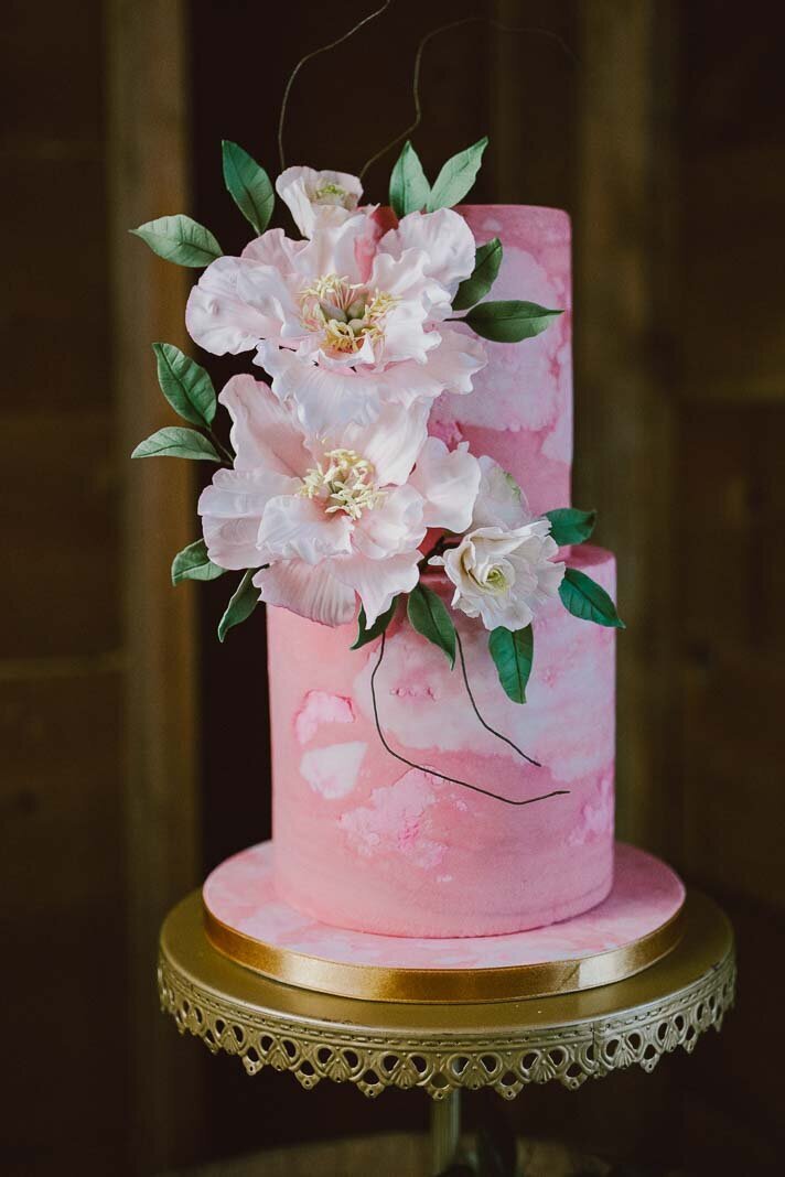 pink marble fondant wedding cake with peonies, Hamilton ON wedding cakes