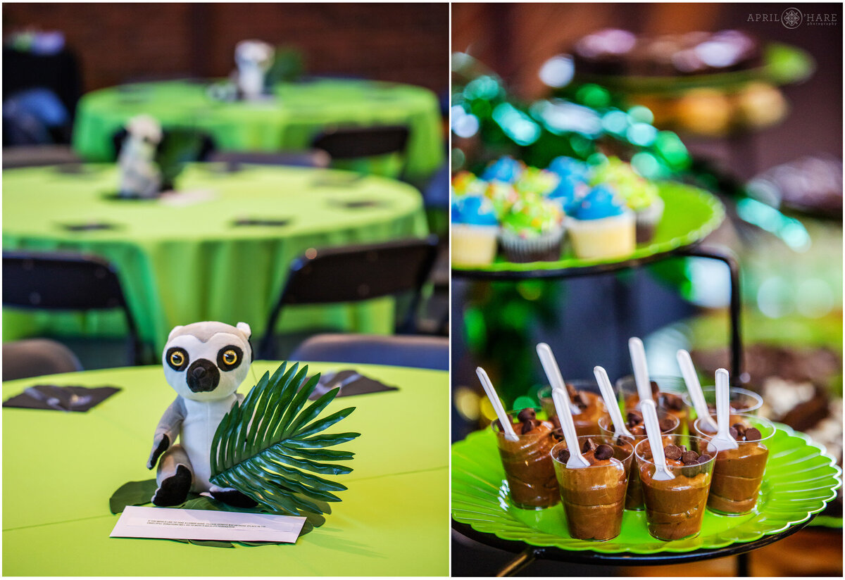 Jungle Island Bright Green Table Decor for the Kiddush Luncheon at Temple Emanuel in Denver CO