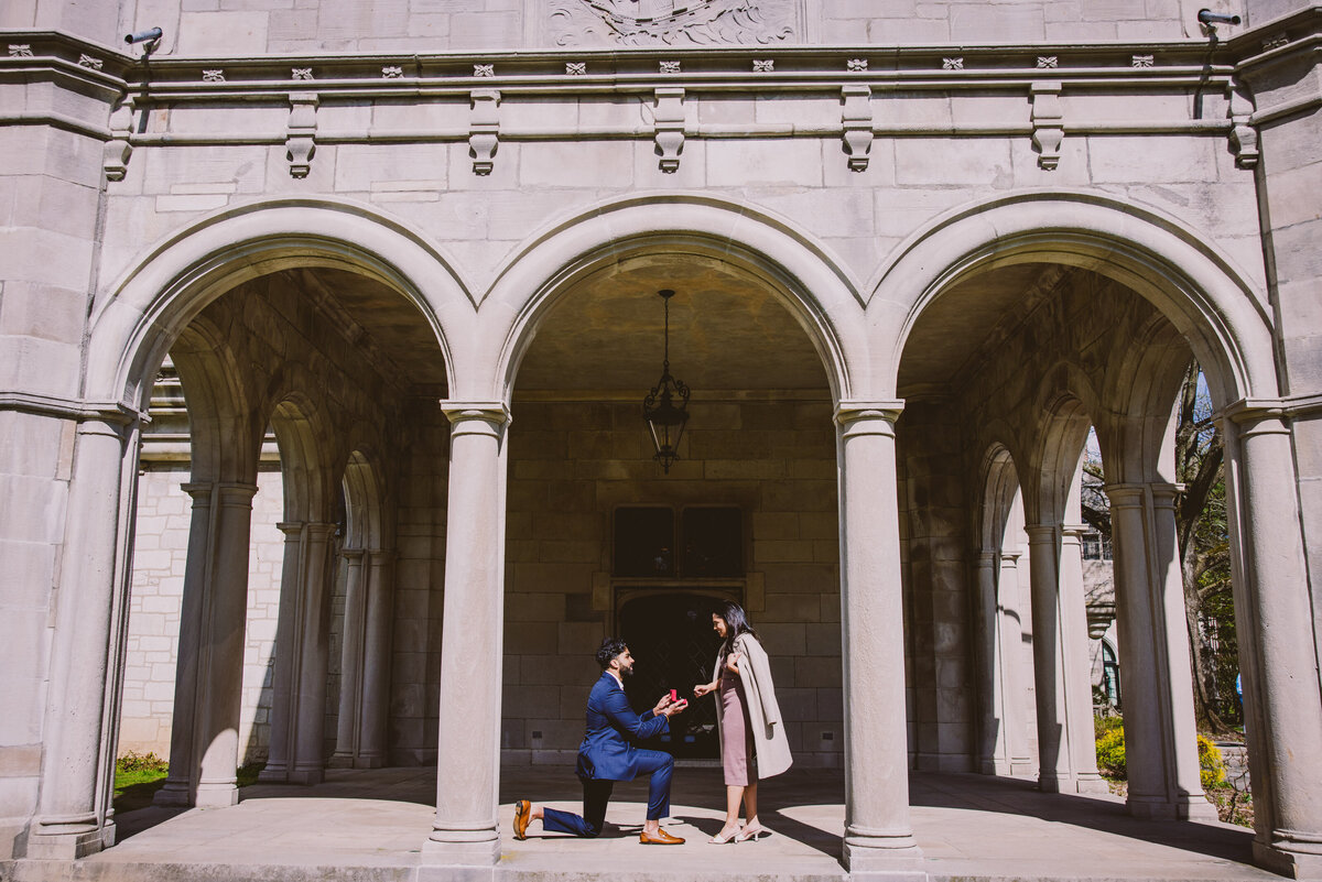 A couple during a proposal with a man on his knees showing a ring to a woman, under an arch at the planting fields arboretum
