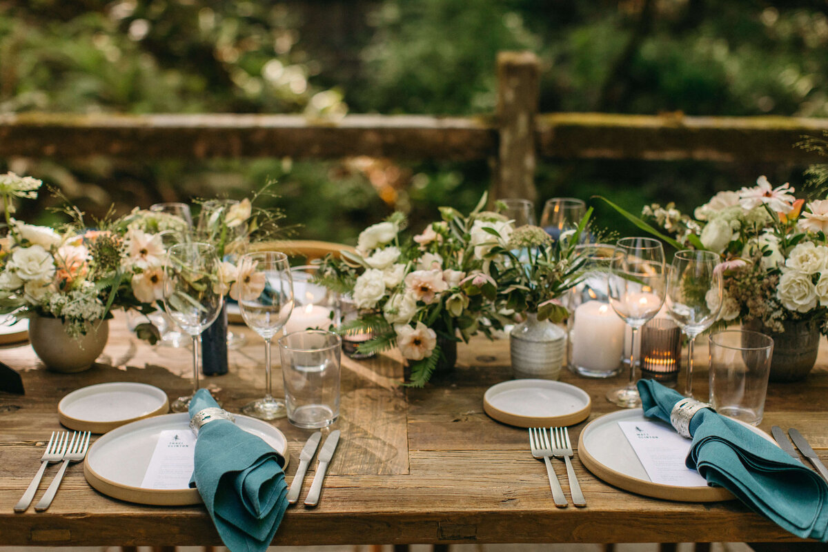 wedding dinner tabletop stoneware teal wood