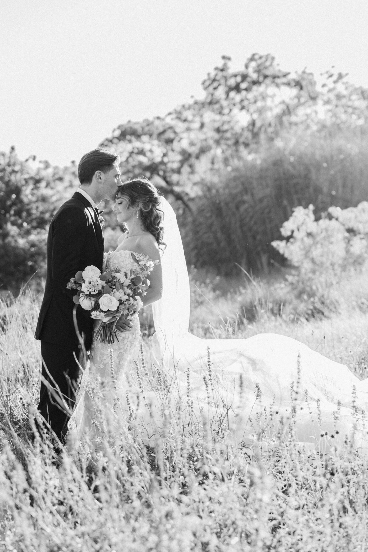 bride-and-groom-pose-in-field