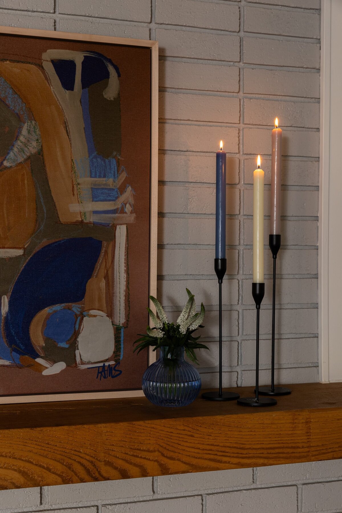 melinda chesson interiors murrayhill road styled mantel abstract art candlesticks brick fireplace