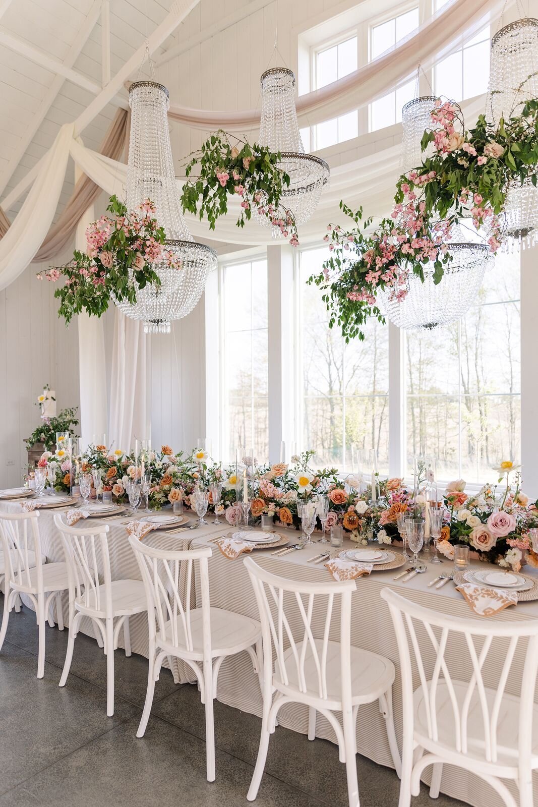 Spring Reception Decor with Hanging Chandeliers