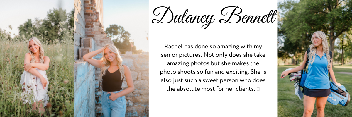 A Rachel B Photography Senior Rep Team Member poses in a field, against a stone building, and with her golf gear.