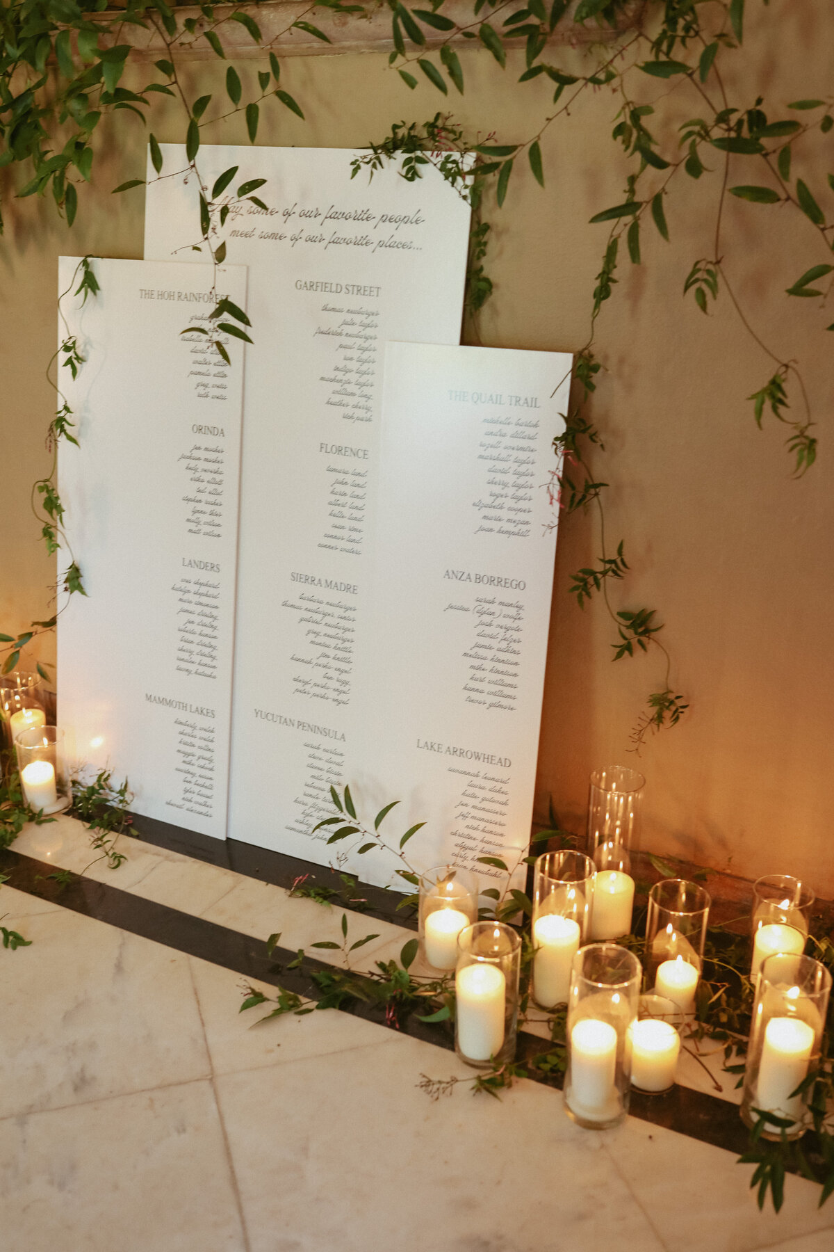 seating chart leaning against wall with vines all around it and large white candles in glass holders all around