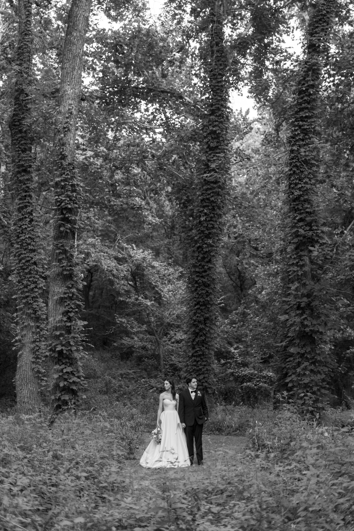 Enchanting forest elopement in the Pacific Northwest, with the bride and groom surrounded by towering trees.