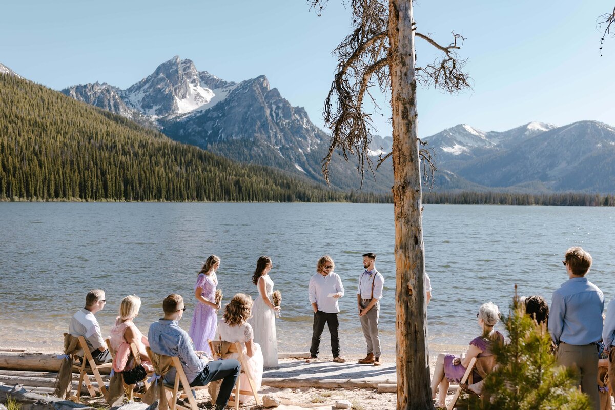 A wedding ceremony on the shores of Stanley Lake in Idaho