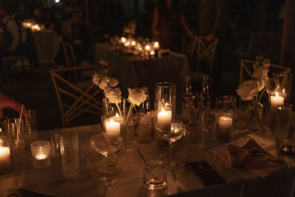 Candles lit on Charleston wedding reception table