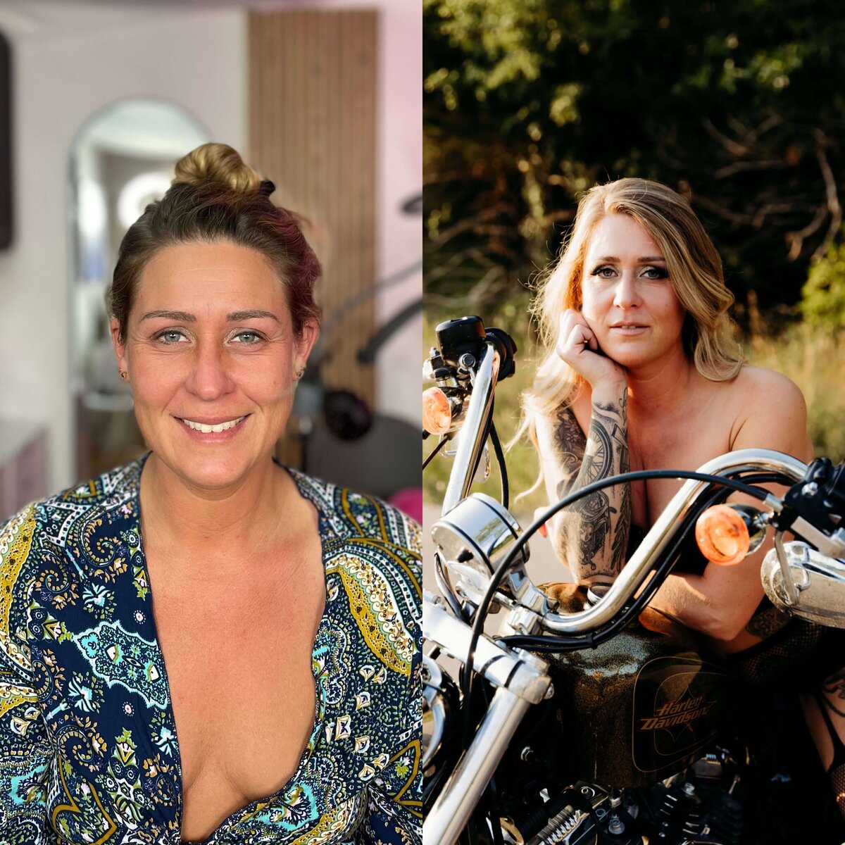 image of a woman without makeup next to an image of same woman all dolled up on a motorcycle captured by Wisconsin boudoir photographer Ashley Kalbus