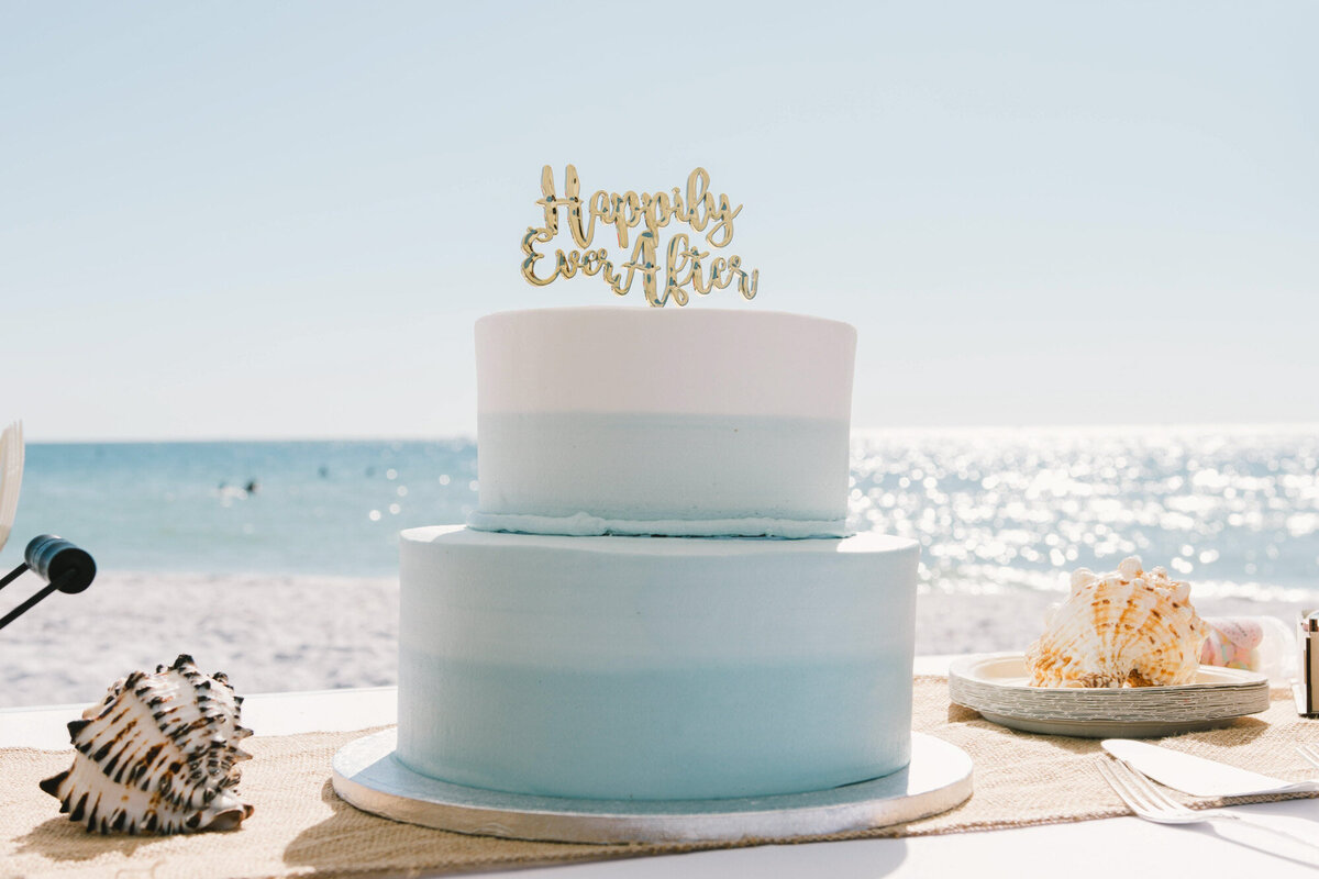 Ocean themed two tiered cake with an ocean view