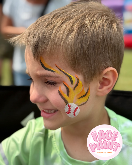 face-painting-by-alyssa-daken-boys-flaming-baseball-fire-sports-face-paint-design