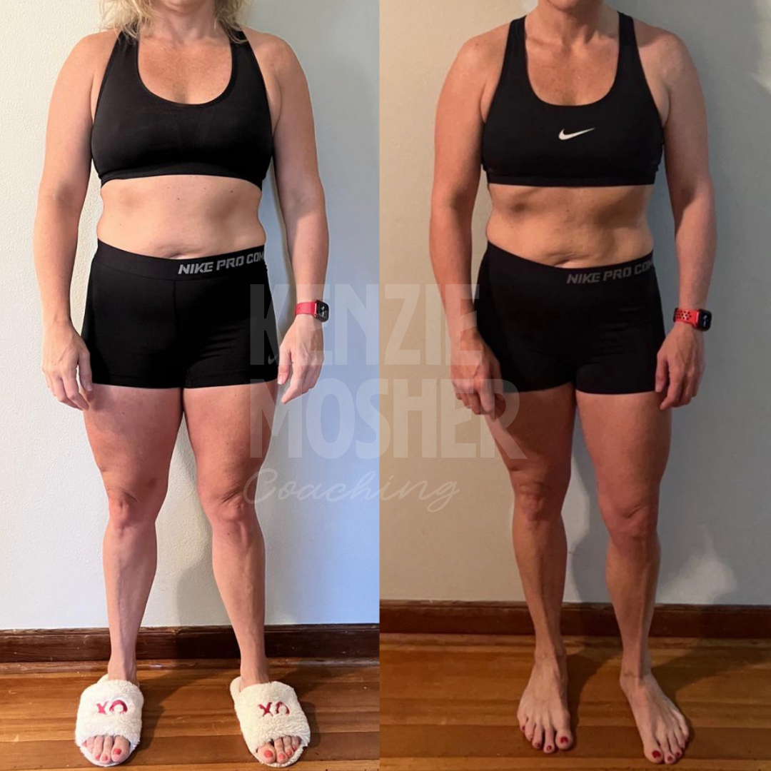 Before and after showing improved muscle tone and energy from customized nutrition and training.