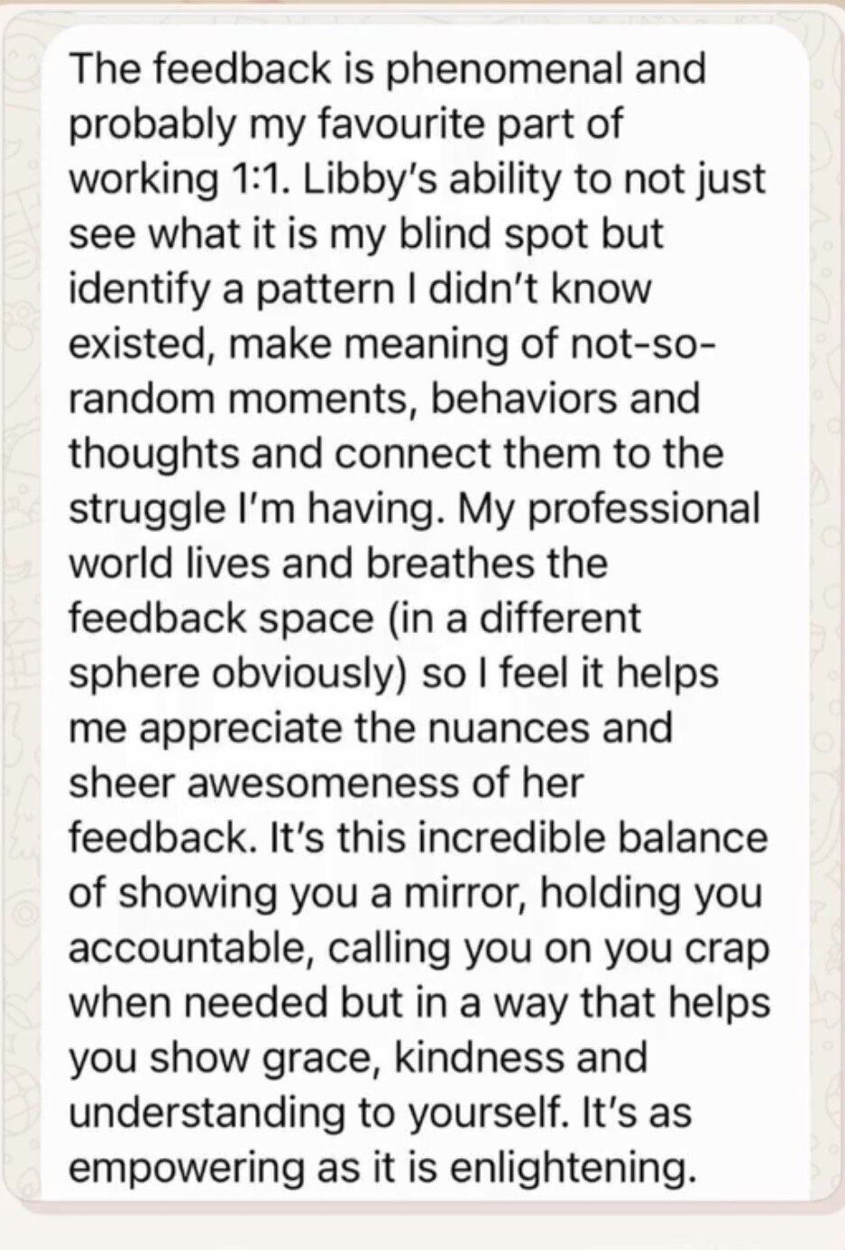 WhatsApp message from a 1:1 client about her feedback