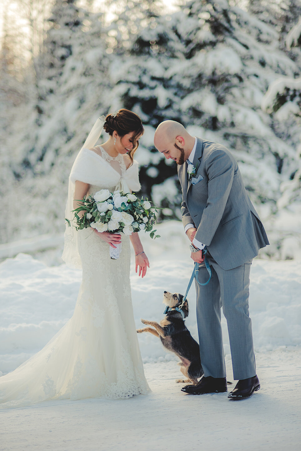 bride and groom with dog in snow
