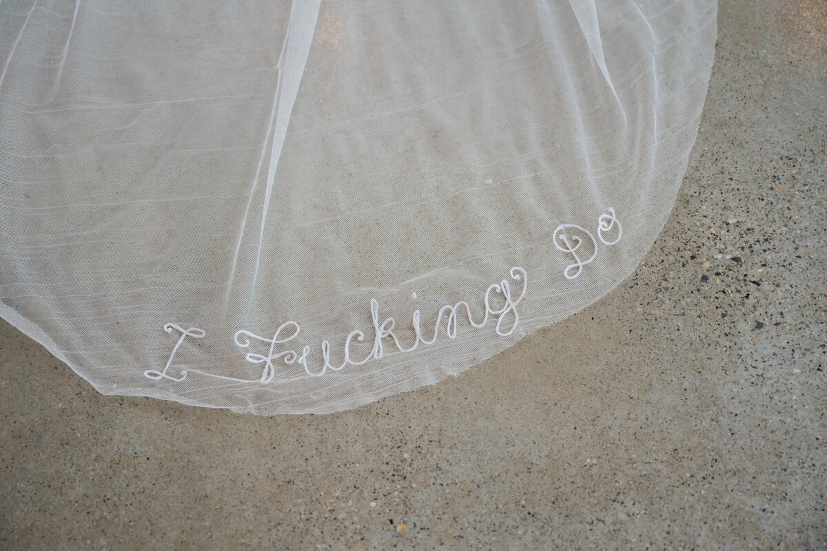 Close up of wedding veil that says "I fucking do"