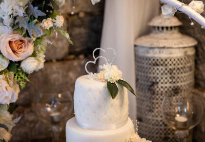 A white wedding cake with flowers on top